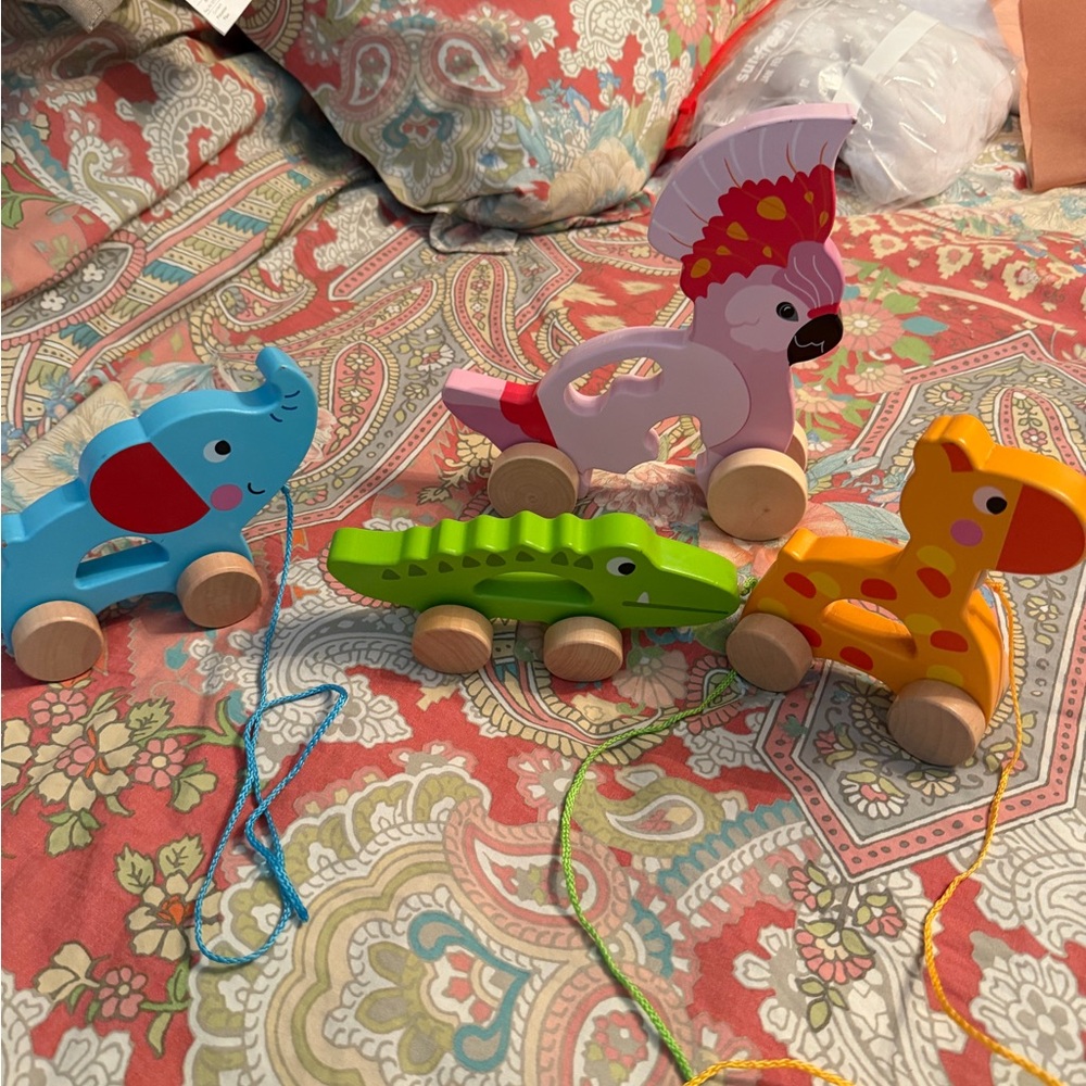 Colorful Wooden Animal Pull/ push Set giraffe, alligator, elephant, and bird